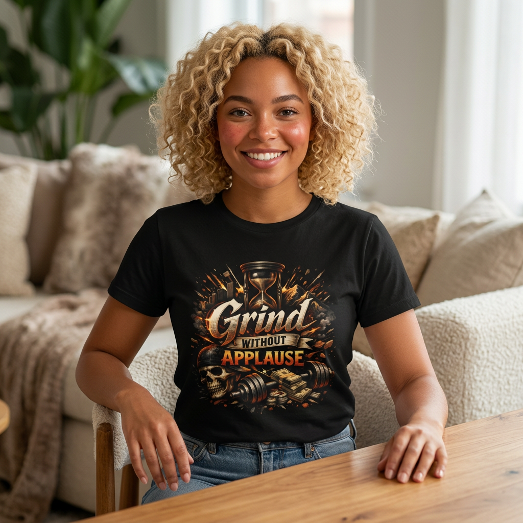 Grind Without Applause T-Shirt — Grit Gym Tee with Skull & Dumbbell Design