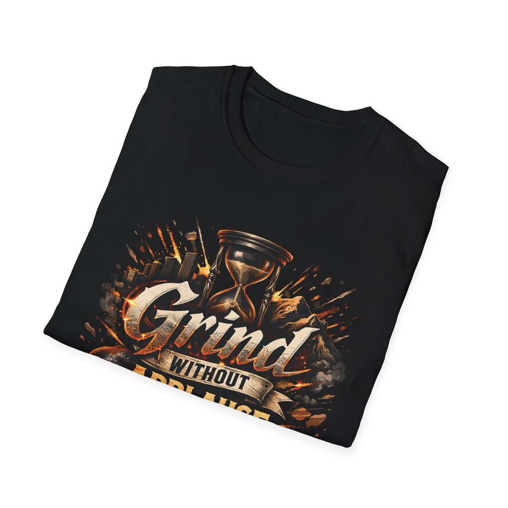 Grind Without Applause T-Shirt — Grit Gym Tee with Skull & Dumbbell Design