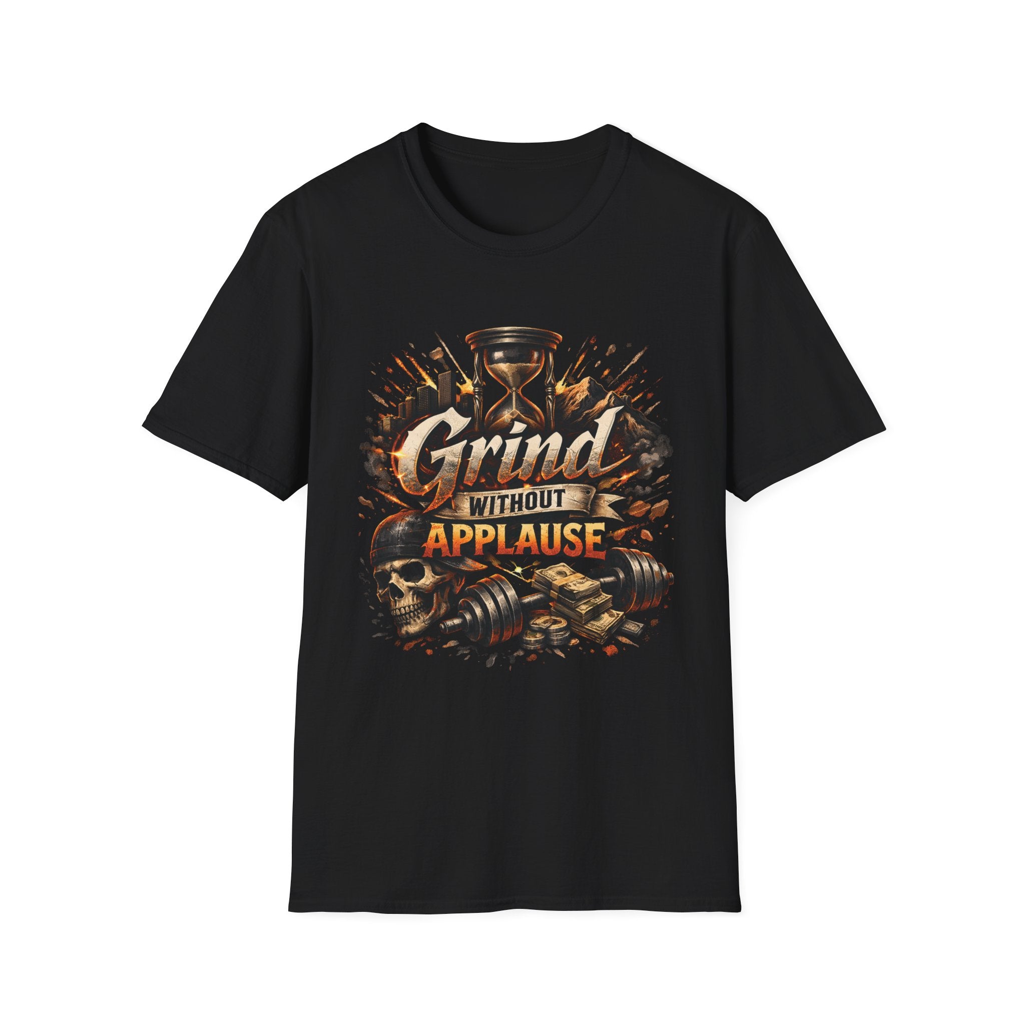 Grind Without Applause T-Shirt — Grit Gym Tee with Skull & Dumbbell Design