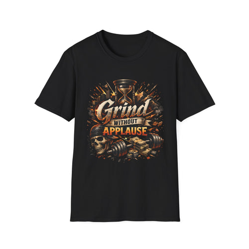 Grind Without Applause T-Shirt — Grit Gym Tee with Skull & Dumbbell Design